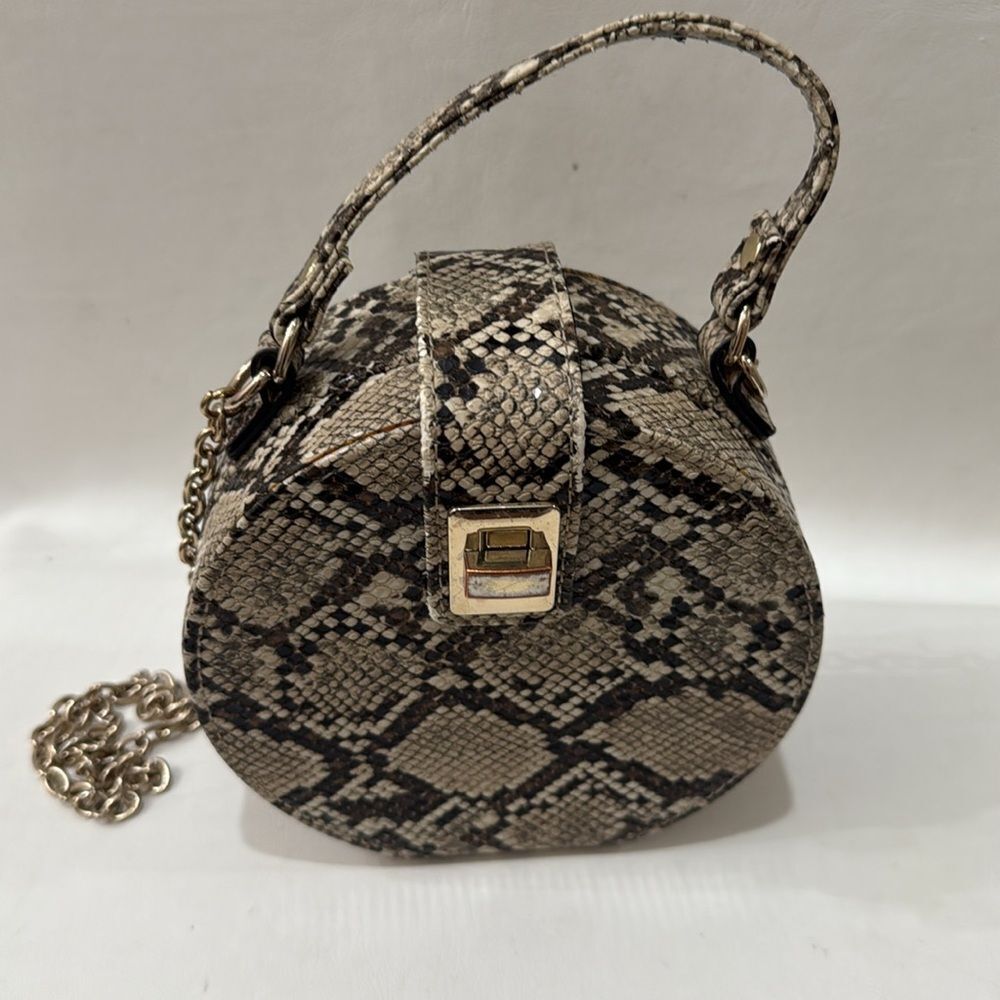 Zara Snakeskin Round Crossbody Bag Gold Chain & Handle Brown Beige Black Lined - Picture 11 of 17